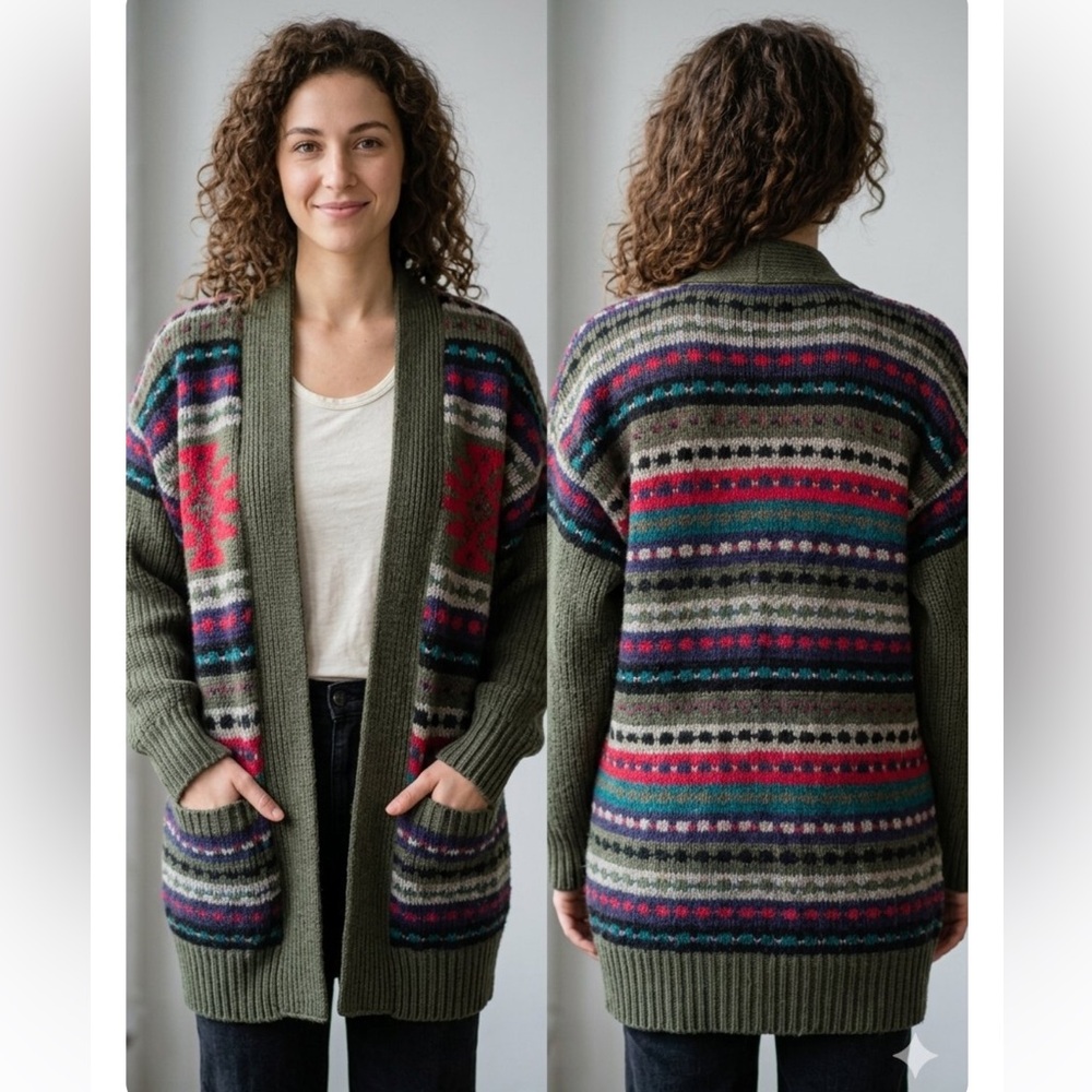 Vintage Sweater 80s Grandpa Spiegel Open Cardigan Green Multi Shawl Collar M/L